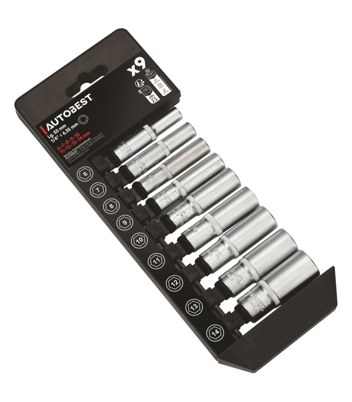 JEU DE 9 DOUILLES LONGUES  6 PANS, CARRE 1/4